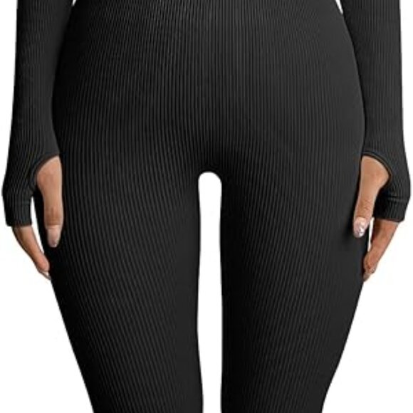 Women Long Sleeve Yoga Jumpsuits Workout Ribbed Bodysuits Pants Sexy One Piece - Picture 2 of 9